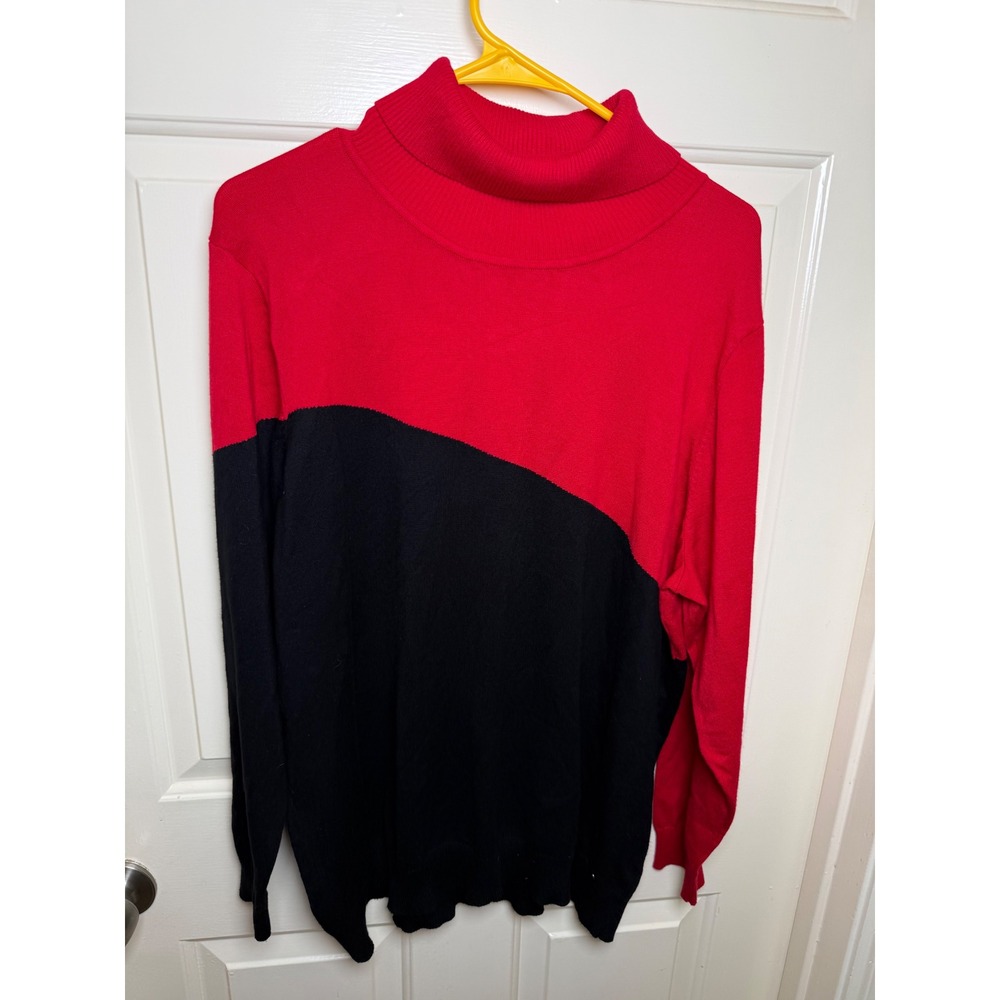 Calvin Klein Red Black Asymmetrical Colorblock Turtleneck Sweater Womens 2X